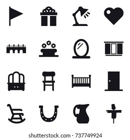 16 vector icon set : flag, gift, table lamp, heart, bridge, flower bed, mirror, wardrobe, dresser, chair, crib, door, rocking chair, horseshoe, jug, scarecrow