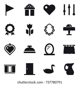 16 vector icon set : flag, gift, heart, equalizer, medal, hawaiian wreath, restaurant, heart pendant, service bell, mirror, curtain, wardrobe, door, goose, jug