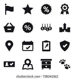 16 vector icon set : flag, star, percent, medal, remove from basket, sale, castle, check in, map, nightstand, pets