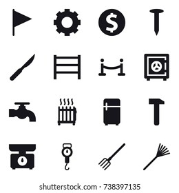 16 vector icon set : flag, gear, dollar coin, nail, vip fence, safe, water tap, radiator, fridge, kitchen scales, handle scales, fork, rake