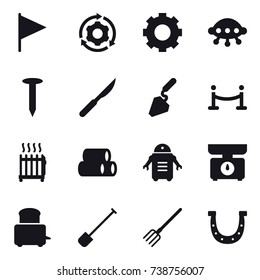 16 vector icon set : flag, around gear, gear, ufo, nail, construction, vip fence, radiator, kitchen scales, shovel, fork, horseshoe