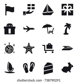 16 vector icon set : flag, gift, boat, plane, lounger, palm, disco ball, starfish, baggage trolley, yacht, windsurfing, flip-flops, rabbit