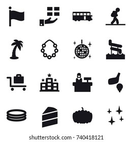 16 vector icon set : flag, gift, bus, tourist, palm, hawaiian wreath, disco ball, aquapark, baggage trolley, hotel, reception, golf, inflatable pool, pumpkin, shining