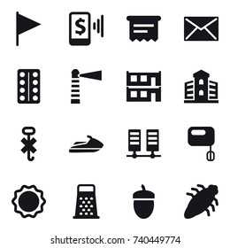 16 vector icon set : flag, mobile pay, atm receipt, mail, lighthouse, modular house, building, jet ski, acorn, bug