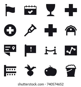 16 vector icon set : flag, calendar, wineglass, barn, vip fence, watering, beet, tomato, foam bucket