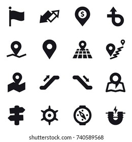 16 vector icon set : flag, up down arrow, dollar pin, escalator, map, signpost, handwheel, compass