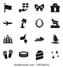 16 vector icon set : flag, gift, bow, plane, palm, hawaiian wreath, aquapark, hotel, golf, jet ski, windsurfing, flip-flops, inflatable pool, shining