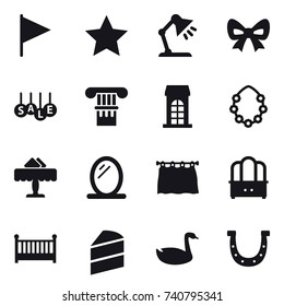 16 vector icon set : flag, star, table lamp, bow, sale, column, building, hawaiian wreath, restaurant, mirror, curtain, dresser, crib, goose, horseshoe