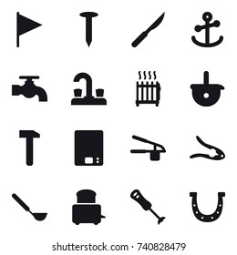 16 vector icon set : flag, nail, water tap, radiator, kitchen scales, garlic clasp, walnut crack, ladle, horseshoe
