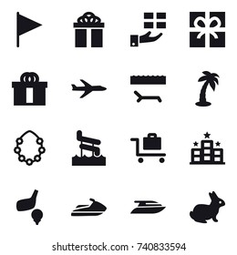 16 vector icon set : flag, gift, plane, lounger, palm, hawaiian wreath, aquapark, baggage trolley, hotel, golf, jet ski, yacht, rabbit