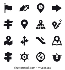 16 vector icon set : flag, up down arrow, dollar pin, right arrow, single post, escalator, map, signpost, hand wheel, compass