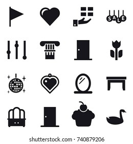 16 vector icon set : flag, heart, gift, sale, equalizer, column, door, disco ball, heart pendant, mirror, table, dresser, goose
