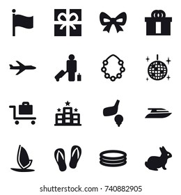 16 vector icon set : flag, gift, bow, plane, passenger, hawaiian wreath, disco ball, baggage trolley, hotel, golf, yacht, windsurfing, flip-flops, inflatable pool, rabbit