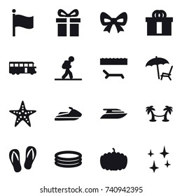 16 vector icon set : flag, gift, bow, bus, tourist, lounger, starfish, jet ski, yacht, palm hammock, flip-flops, inflatable pool, pumpkin, shining