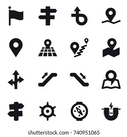 16 vector icon set : flag, singlepost, escalator, map, signpost, handwheel, compass