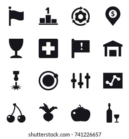 16 vector icon set : flag, pedestal, around gear, dollar pin, wineglass, cherry, beet, tomato, wine
