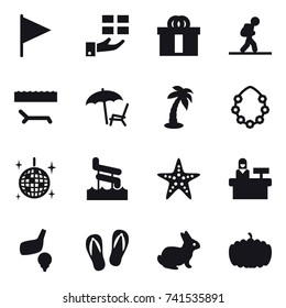 16 vector icon set : flag, gift, tourist, lounger, palm, hawaiian wreath, disco ball, aquapark, starfish, reception, golf, flip-flops, rabbit, pumpkin
