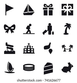 16 vector icon set : flag, boat, gift, bow, tourist, passenger, palm, aquapark, hotel, golf, palm hammock, windsurfing, inflatable pool, rabbit