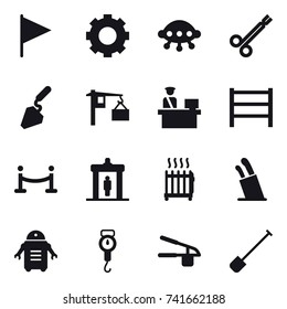 16 vector icon set : flag, gear, ufo, construction, vip fence, detector, radiator, stands for knives, handle scales, garlic clasp, shovel