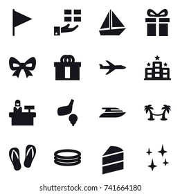 16 vector icon set : flag, gift, boat, bow, plane, hotel, reception, golf, yacht, palm hammock, flip-flops, inflatable pool, shining