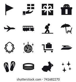 16 vector icon set : flag, gift, plane, bus, tourist, lounger, hawaiian wreath, disco ball, baggage trolley, yacht, flip-flops, inflatable pool, rabbit, shining