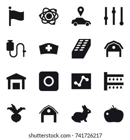 16 vector icon set : flag, atom, car pointer, equalizer, brick, barn, ring button, watering, beet, rabbit, tomato