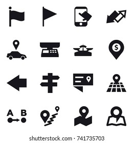 16 vector icon set : flag, touch, up down arrow, car pointer, market scales, scales, dollar pin, left arrow, singlepost, map