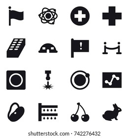 16 vector icon set : flag, atom, brick, dome house, vip fence, ring button, watering, cherry, rabbit