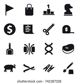 16 vector icon set : flag, shopping bag, pedestal, chess horse, dollar coin, shopping list, measuring tape, scoop, sheep, pruner, clothespin, toilet brush
