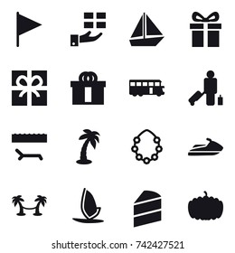 16 vector icon set : flag, gift, boat, bus, passenger, lounger, palm, hawaiian wreath, jet ski, palm hammock, windsurfing, pumpkin 16 vector icon set : flag, gift, boat, bus, passenger, lounger, palm, hawaiian wreath, jet ski, palm hammock, windsurfing, pumpkin