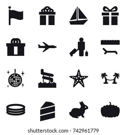 16 vector icon set : flag, gift, boat, plane, passenger, lounger, disco ball, aquapark, starfish, palm hammock, inflatable pool, rabbit, pumpkin