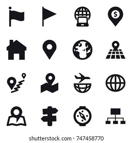 16 vector icon set : flag, notebook globe, dollar pin, home, globe, map, signpost, compass, hierarchy