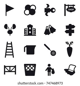16 vector icon set : flag, atom core, satellite, shop signboard, building, flippers, signpost, stairs, measuring cup, skimmer, farm fence, trash bin, trash, floor washing