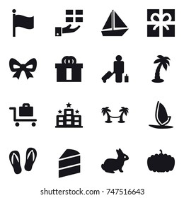 16 vector icon set : flag, gift, boat, bow, passenger, palm, baggage trolley, hotel, palm hammock, windsurfing, flip-flops, rabbit, pumpkin