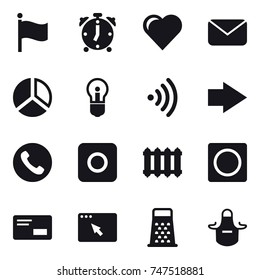 16 vector icon set : flag, alarm clock, heart, mail, diagram, bulb, wireless, right arrow, phone, ring button, radiator, apron
