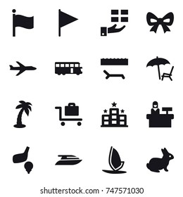 16 vector icon set : flag, gift, bow, plane, bus, lounger, palm, baggage trolley, hotel, reception, golf, yacht, windsurfing, rabbit