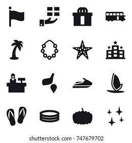 16 vector icon set : flag, gift, bus, palm, hawaiian wreath, starfish, hotel, reception, golf, jet ski, windsurfing, flip-flops, inflatable pool, pumpkin, shining
