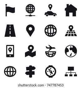 16 vector icon set : flag, globe connect, car pointer, home, earth, globe, signpost, compass, hierarchy