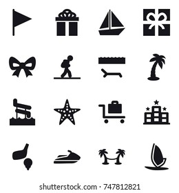 16 vector icon set : flag, gift, boat, bow, tourist, lounger, palm, aquapark, starfish, baggage trolley, hotel, golf, jet ski, palm hammock, windsurfing