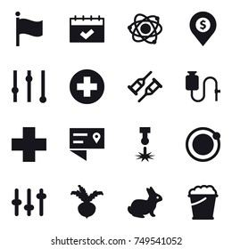 16 vector icon set : flag, calendar, atom, dollar pin, equalizer, beet, rabbit, foam bucket