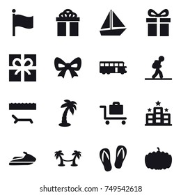 16 vector icon set : flag, gift, boat, bow, bus, tourist, lounger, palm, baggage trolley, hotel, jet ski, palm hammock, flip-flops, pumpkin