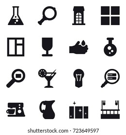 16 vector icon set : flask, magnifier, building, window, window, cocktail, jug, clean  window, skyscapers cleaning