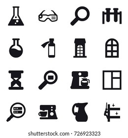 16 vector icon set : flask, smart glasses, building, arch window, coffee maker, window, jug, skyscrapers cleaning