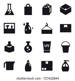 16 vector icon set : flask, shopping bag, box, tools, cleanser, uv cream, bucket, measuring cup, package, liquid soap
