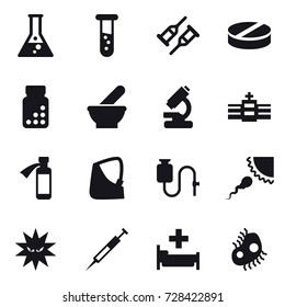 16 vector icon set : flask, vial, hospital, microb