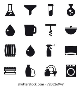 16 vector icon set : flask, funnel, drop, cup, corkscrew, cauldron, barrel, sprayer, sponge, shampoo, dish cleanser, washing machine