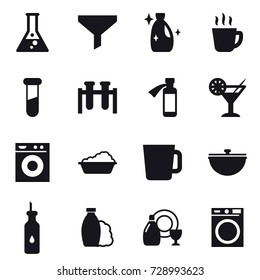 16 vector icon set : flask, funnel, cleanser, hot drink, cocktail, washing machine, washing, cup, cauldron, shampoo, dish cleanser