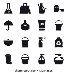 16 vector icon set : flask, shopping bag, cleanser, uv cream, bucket, cauldron, sprayer, garbage bag, trash bin, liquid soap, washing powder