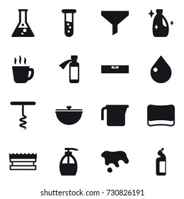 16 vector icon set : flask, vial, funnel, cleanser, hot drink, level, drop, corkscrew, cauldron, measuring cup, sponge, liquid soap, spot, toilet cleanser