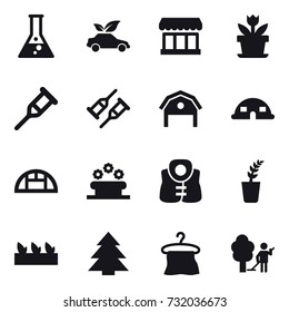 16 vector icon set : flask, eco car, market, flower, barn, dome house, greenhouse, flower bed, life vest, seedling, spruce, hanger, garden cleaning